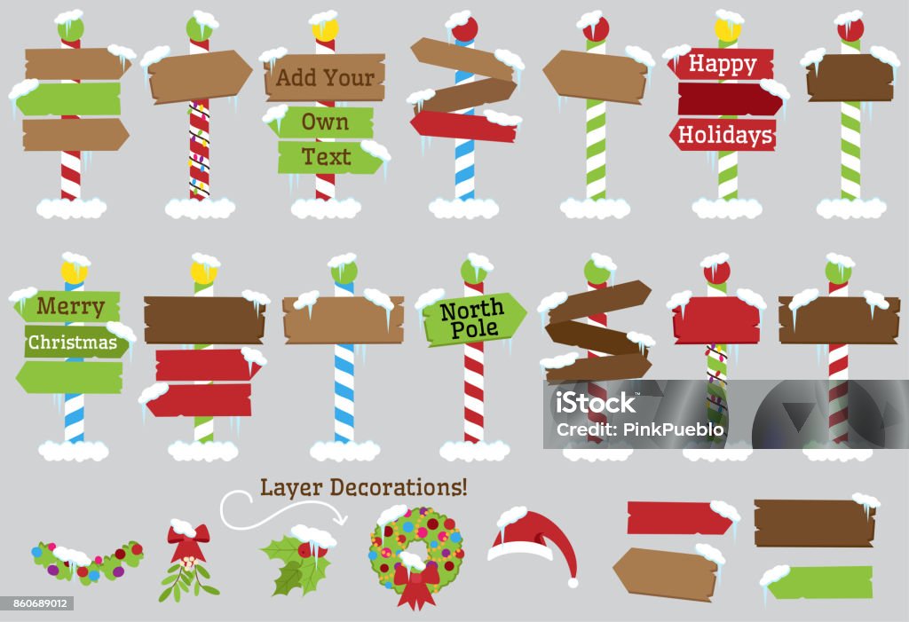 Cute Vector Collection of North Pole Signs or Christmas and Winter Themed Signs Cute Vector Collection of North Pole Signs or Christmas and Winter Themed Signs. No gradients or transparencies used. Large JPG included. Sign stock vector