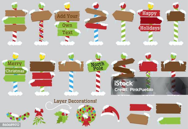 Cute Vector Collection Of North Pole Signs Or Christmas And Winter Themed Signs Stock Illustration - Download Image Now