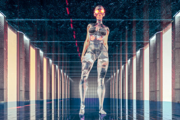 istock Cyborg standing in futuristic hallway 860689412