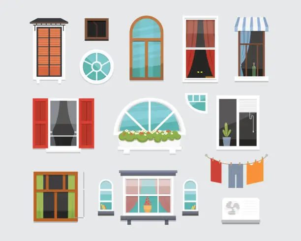 Vector illustration of different interior windows of various forms vector illustration. Architecture design outdoor or exterior view, building and home theme