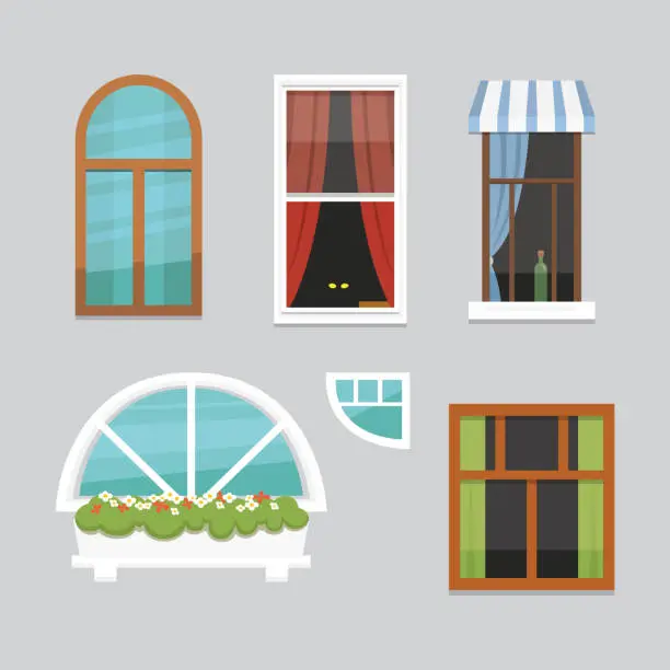 Vector illustration of different interior windows of various forms vector illustration. Architecture design outdoor or exterior view, building and home theme