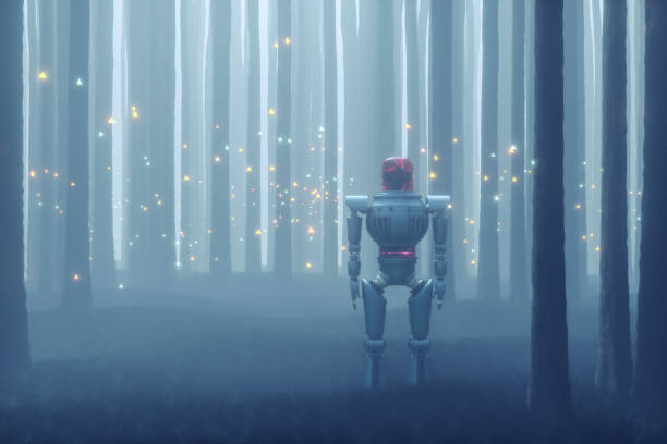 istock Lost robot in fantasy forest with glowing lights 860690262
