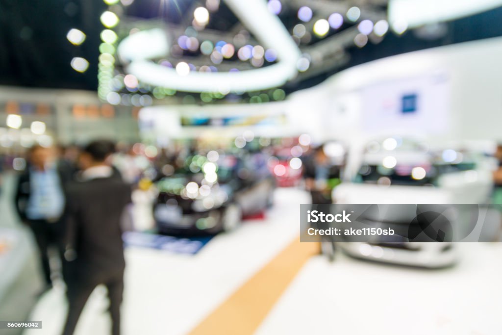 Abstract blur and defocused car and motor exhibition show interior for background Car Show Stock Photo