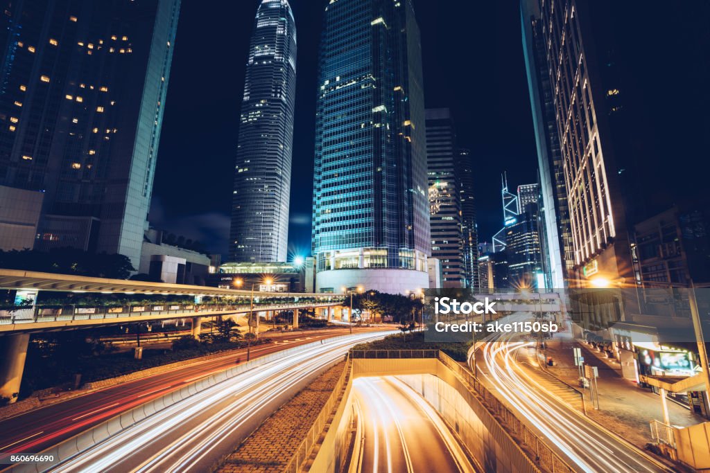 Cityscapes Night busy traffic in Hong Kong downtown city. Asia. City Stock Photo
