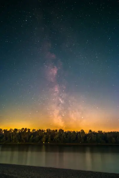 The Galactic Center as seen from the shore of the river Rhine at Mannheim in Germany.