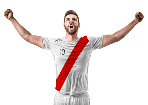 Portrait of Caucasian man, male soccer football player in yellow uniform with football ball isolated on white background. Concept of active life, team game, energy, sport. Copy space for ad.