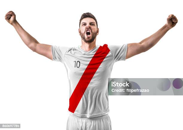 Athlete Fan Celebrating On White And Red Uniform Stock Photo - Download Image Now - T-Shirt, Soccer, Peru