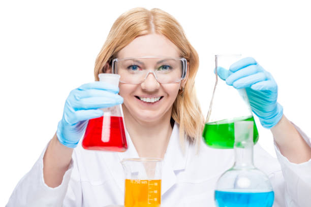 istock happy chemist in a laboratory with test tubes and flasks on a white background 860701576