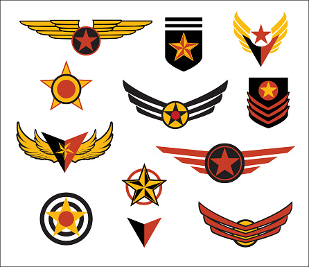 Fictional military style emblems, wings and patches. Vector illustration.