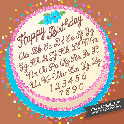 Gradient free vector cake decorator icing font with birthday cake. Easy to edit, brushes included