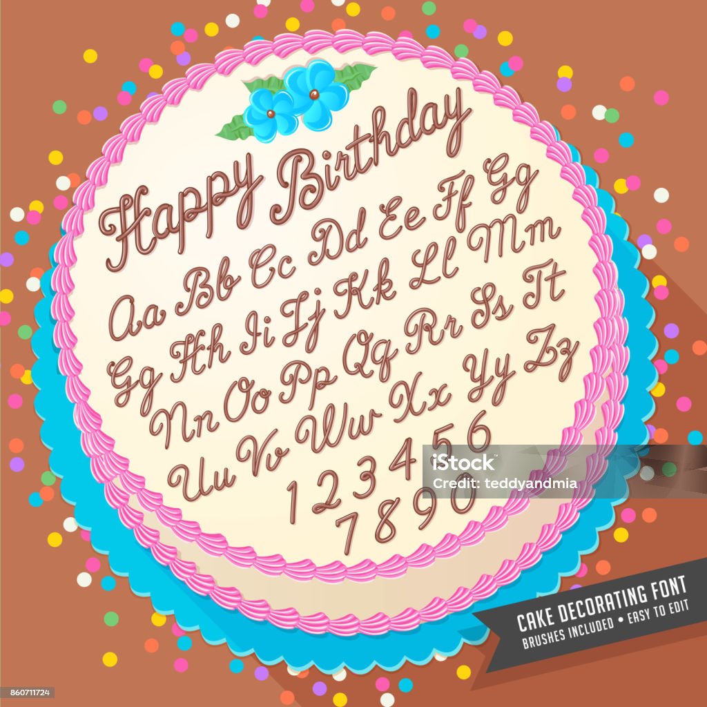 Gradient free vector cake decorator icing font with birthday cake Gradient free vector cake decorator icing font with birthday cake. Easy to edit, brushes included Icing stock vector