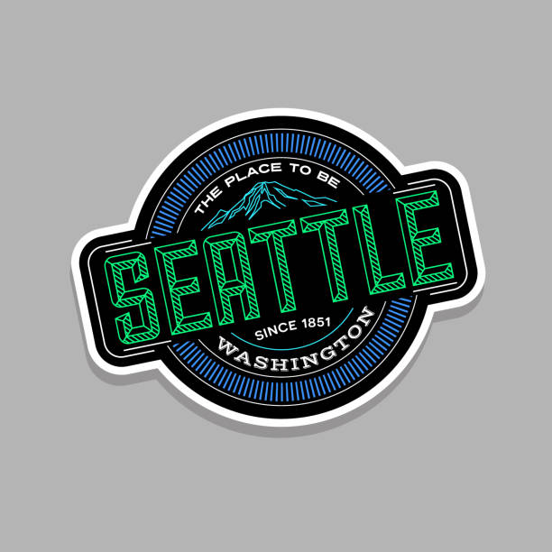 Seattle, Washington. Linear emblem design for t shirts, travel stickers and patches. Linear emblem design for t shirts, travel stickers and patches. Line art typography design. washington state line art stock illustrations
