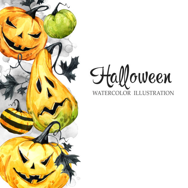 손 수채화 호박과 나뭇잎으로 그려진된 수직 배너. 할로윈 휴가 그림. 재미 있는 음식. 공포 마술, 상징입니다. 아기 배경입니다. 휴일 디자인에 사용할 수 있는 포스터 - halloween pumpkin human face laughing stock illustrations