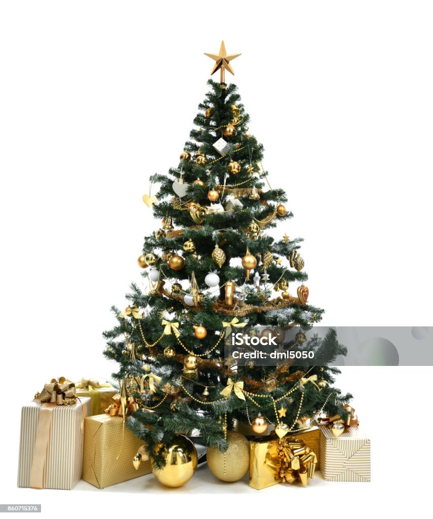 Christmas tree with golder patchwork ornament artificial star hearts presents for new year 2018 Decorated gold Christmas tree with golder patchwork ornament artificial star hearts presents for new year 2018 isolated on white background Christmas Tree Stock Photo