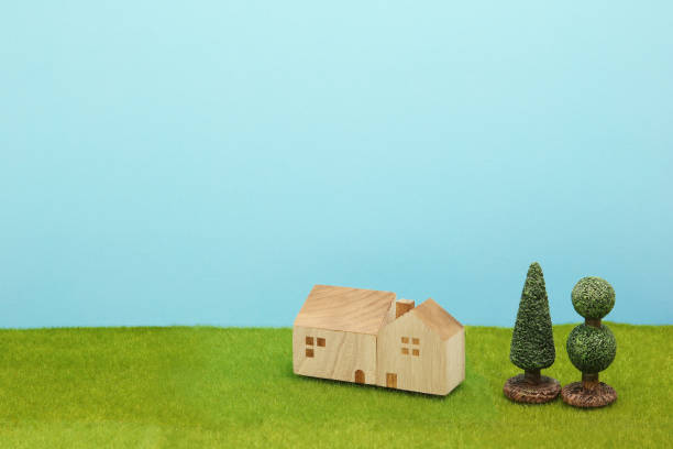 istock Houses on green grass over blue sky. 860728626