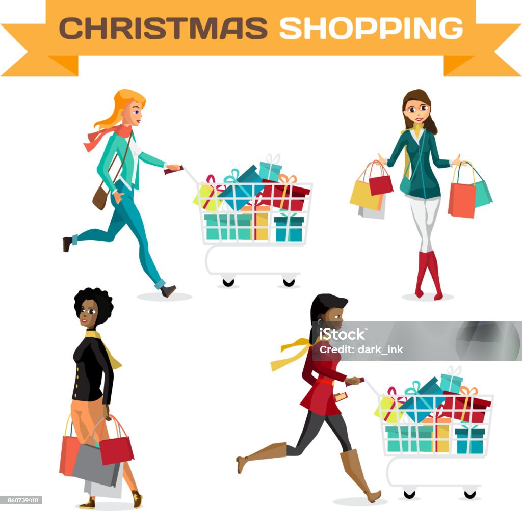 Set of women with shopping bags on Black Friday Set of women with shopping bags on Black Friday, the day before Christmas. Cartoon style vector illustration isolated on white background Adult stock vector