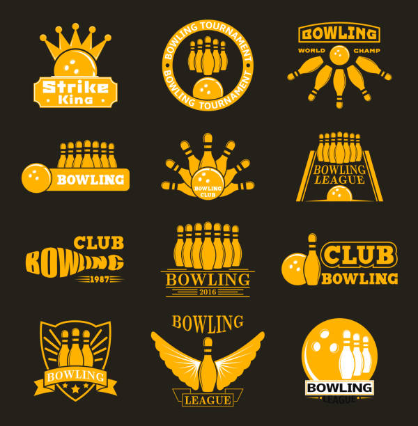 ilustrações, clipart, desenhos animados e ícones de emblemas de logotipo de boliche de vetor - bowler