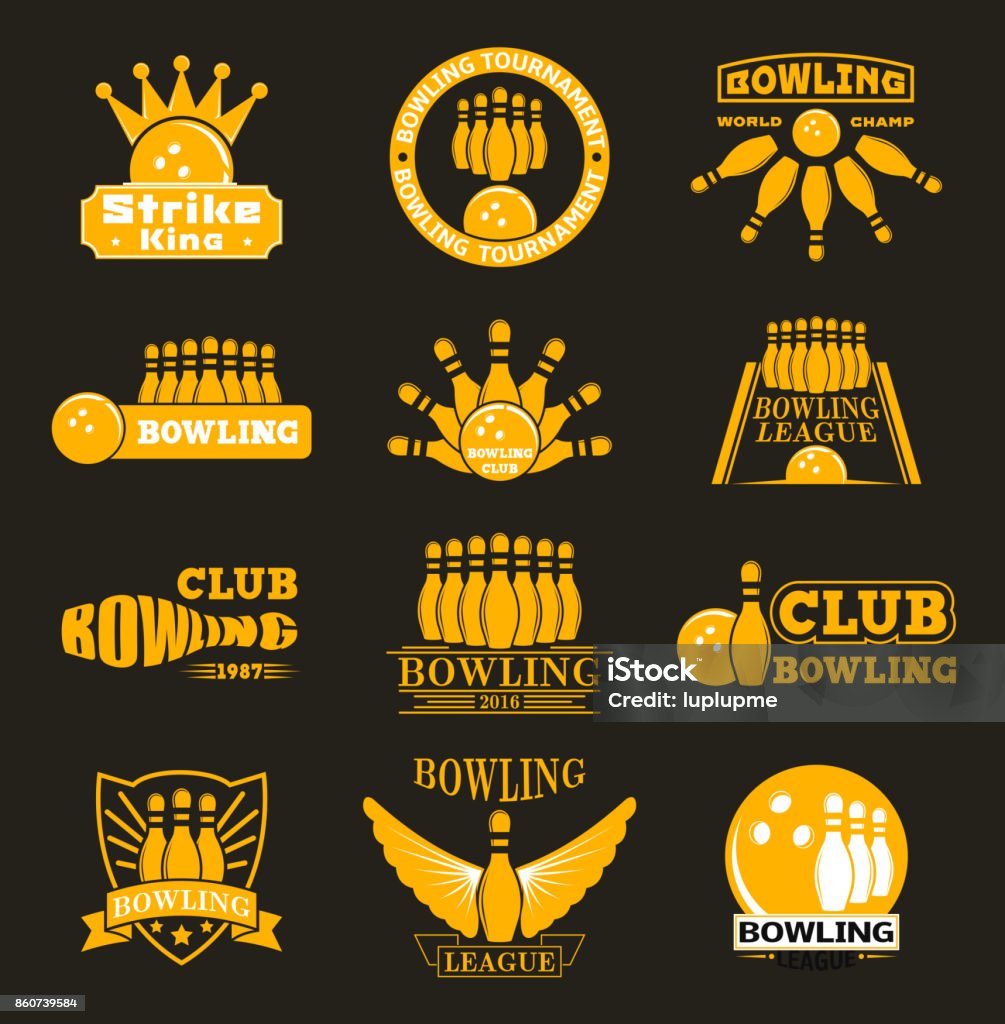 Vector bowling logo emblems Vector bowling logo emblem and sport logo design element. Bowling logotype template and badge. Bowling badge sport item design for sport league teams Cricket Bowler stock vector