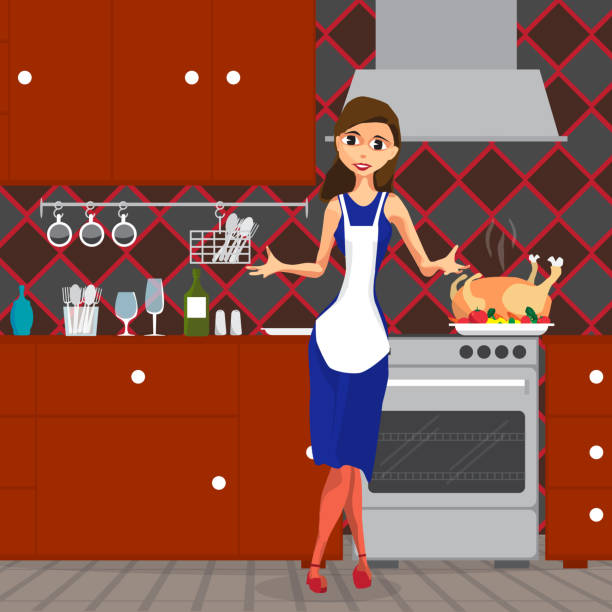 ilustrações, clipart, desenhos animados e ícones de mulher jovem e bonita cozinha tradicional peru na cozinha - home interior women domestic kitchen cabinet