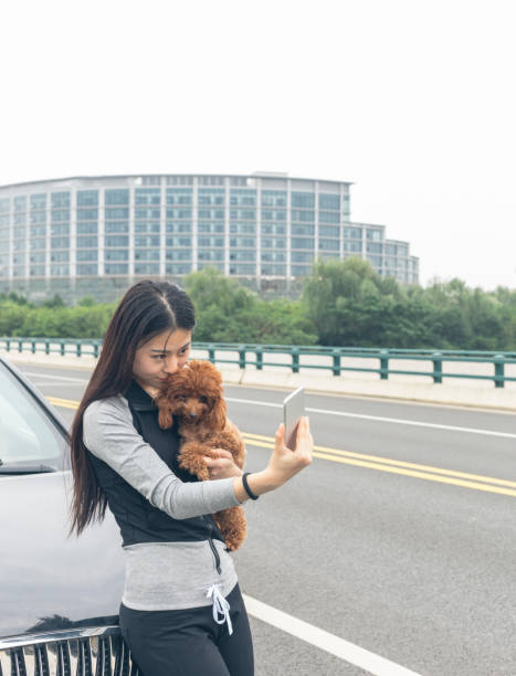 woman with teddy dog make a selfie while leaning on car hood