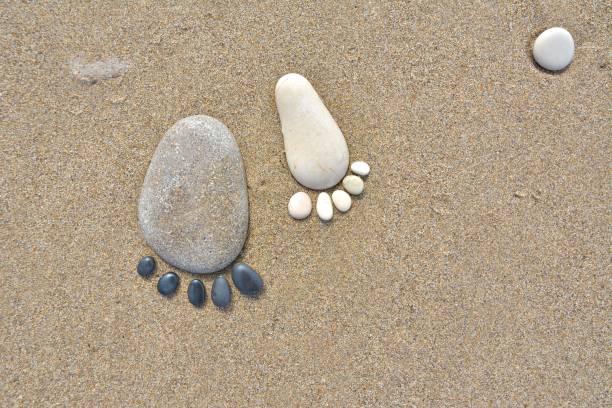 istock Stone arranged like footprints on the beach 860747030