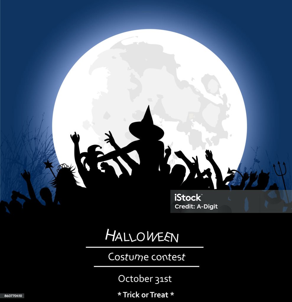 All Night Halloween Party A vector silhouette illustration of a group of young adults in costume dancing and partying in front of a full moon. Halloween stock vector