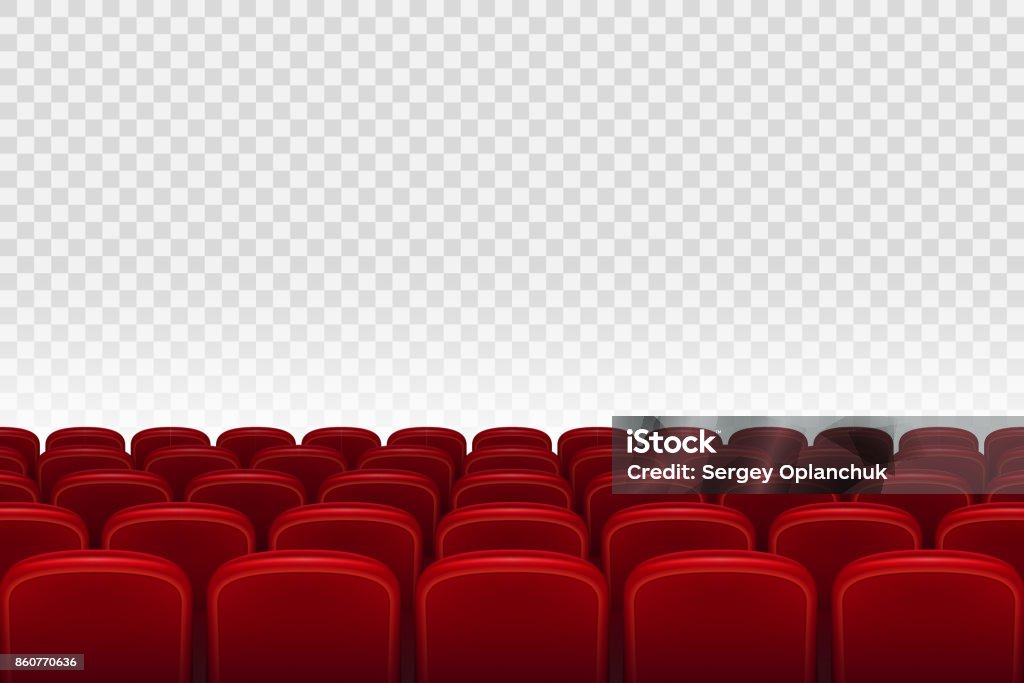 Film vide théâtre auditorium avec sièges rouges. Rangées de places de théâtre de film de cinéma rouge sur fond transparent, illustration vectorielle - clipart vectoriel de Cinéma libre de droits