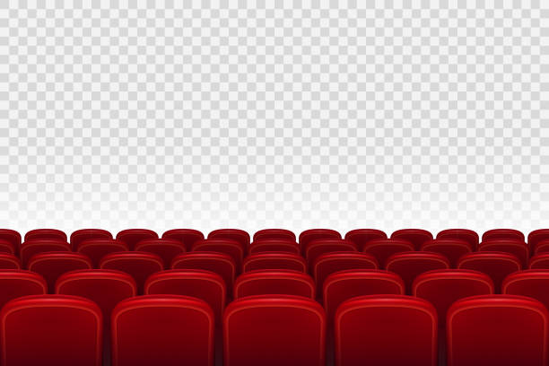 illustrazioni stock, clip art, cartoni animati e icone di tendenza di auditorium del cinema vuoto con sedili rossi. file di sedili del cinema rosso su sfondo trasparente, illustrazione vettoriale - spettacolo teatrale