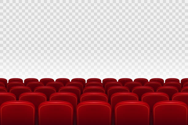stockillustraties, clipart, cartoons en iconen met lege film theater auditorium met rode zetels. rijen van rode film theater bioscoopstoelen op transparante achtergrond, vectorillustratie - theater publiek