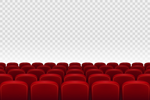 Empty movie theater auditorium with red seats. Rows of red cinema movie theater seats on transparent background, vector illustration EPS 10