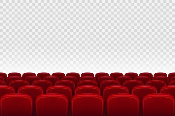 Vector illustration of Empty movie theater auditorium with red seats. Rows of red cinema movie theater seats on transparent background, vector illustration