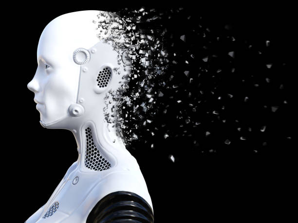 istock 3D rendering of female robot head that shatters. 860771290