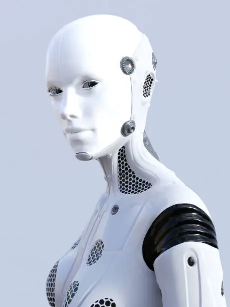 3D rendering of the face of a female robot. She is looking in to the camera.