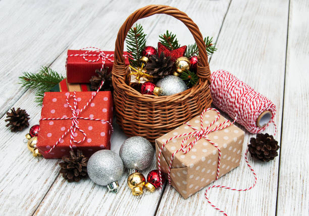 istock Christmas baubles in basket 860774762
