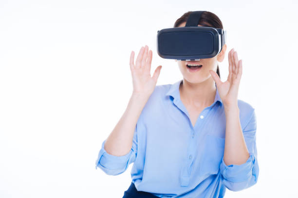 istock Pleasant young woman wearing 3d reality glasses 860775400
