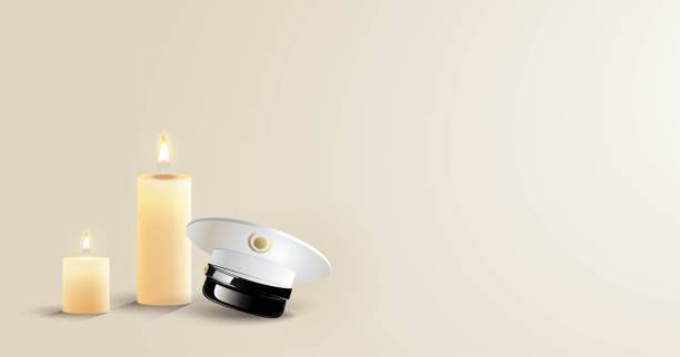 Burning candles and captain cap on white background. Burning candles and captain cap on white background. Candle of memory. Vector illustration military funeral stock illustrations