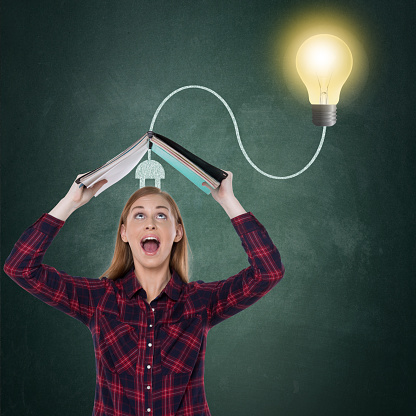 Young woman holding diary with light bulb plugged over her head