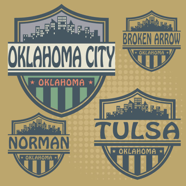 ilustrações de stock, clip art, desenhos animados e ícones de stamp or label set with names of oklahoma cities - oklahoma tulsa map cartography