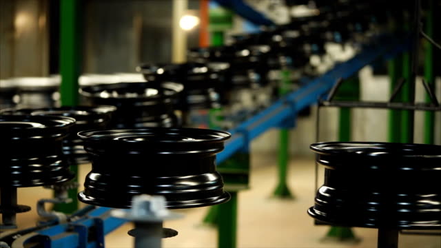 The conveor belt of finished rims in the factory.
