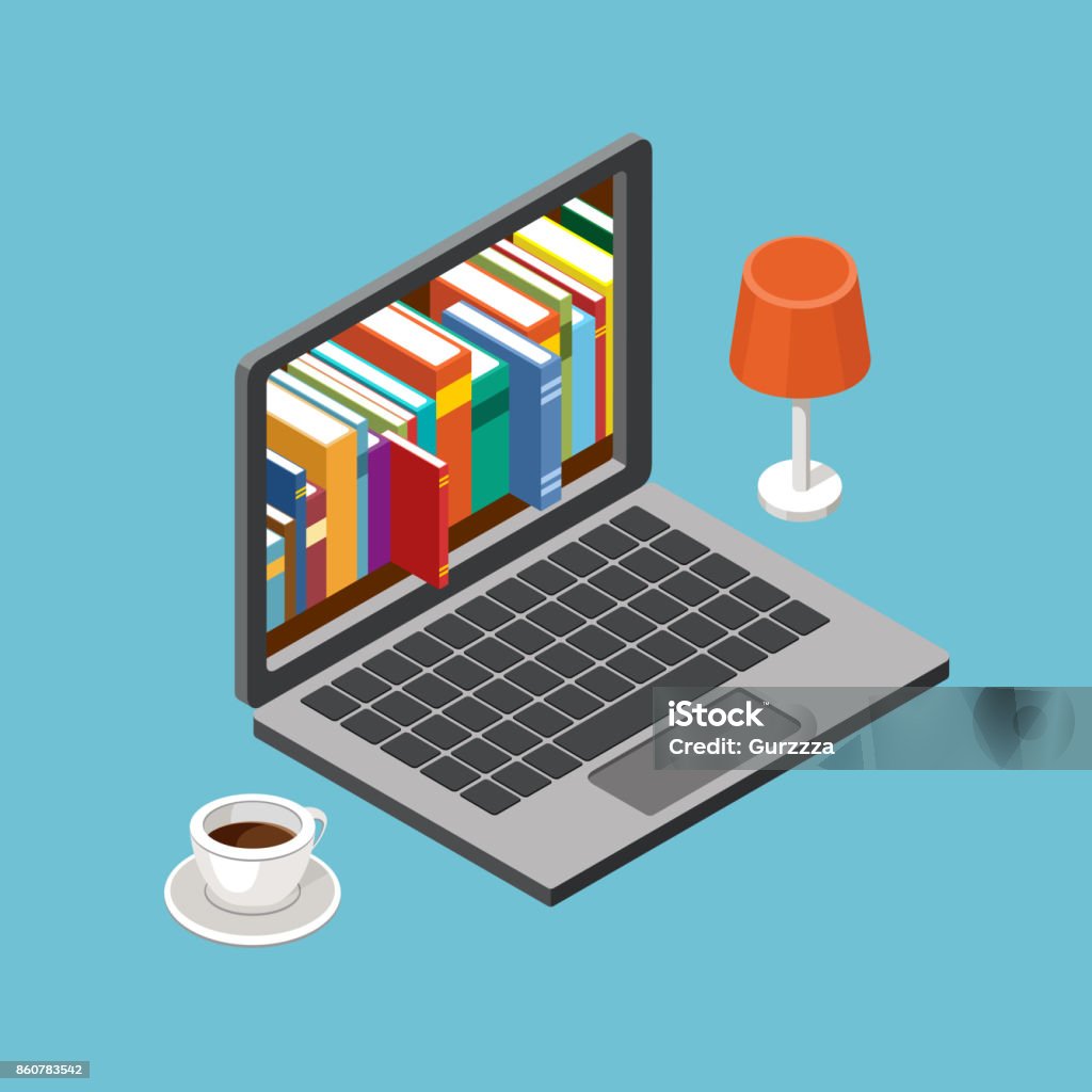 Online library concept, laptop with book shelves Online library concept, laptop with book shelves. Vector illustration Digital Display stock vector