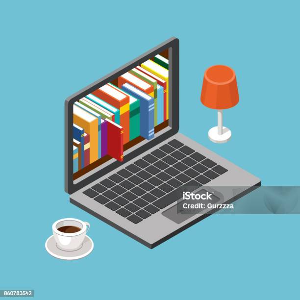 Online Library Concept Laptop With Book Shelves Stock Illustration - Download Image Now - Digital Display, Library, Book