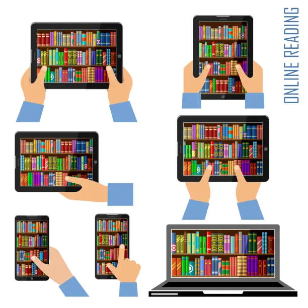 Vector illustration of Bookshelves with books on smartphone, tablet and laptop screen