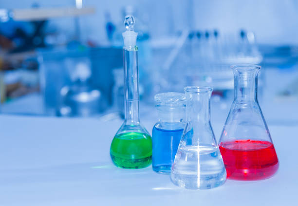 istock Laboratory glassware containing chemical liquid, science research. 860786322