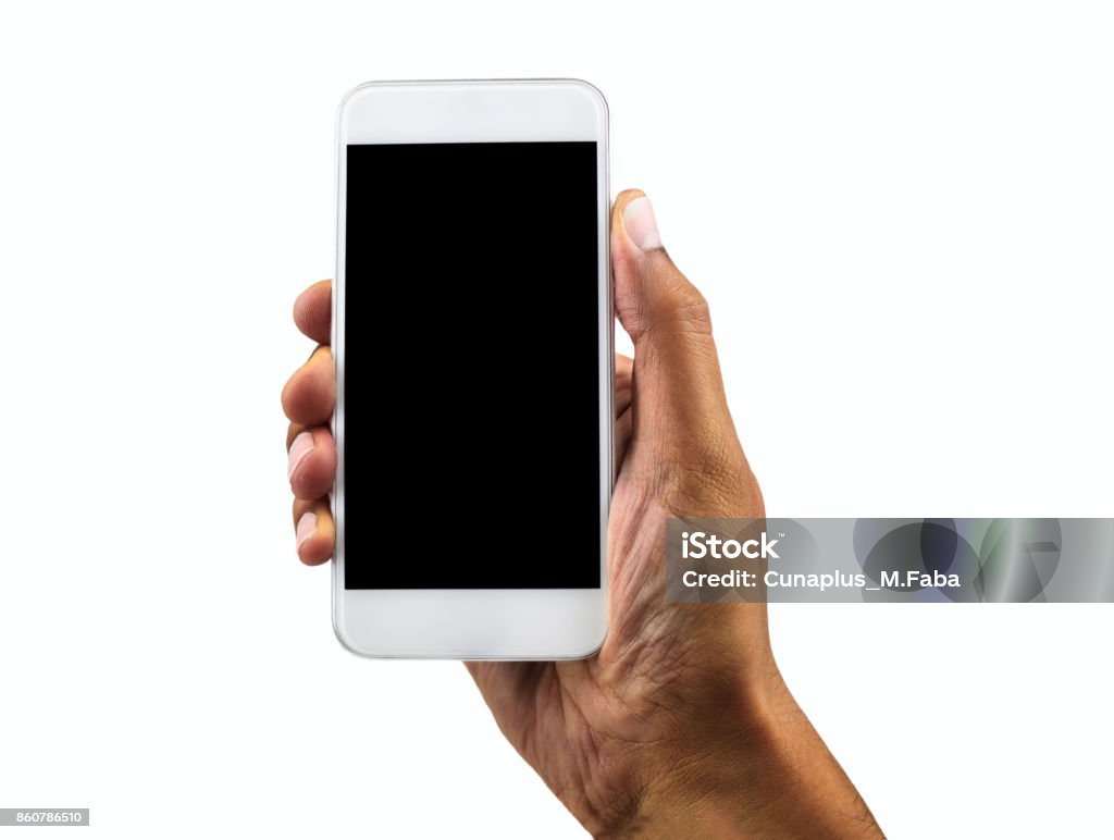 my white phone vertical Hand holding mobile smart phone with blank screen, isolated on white Telephone Stock Photo