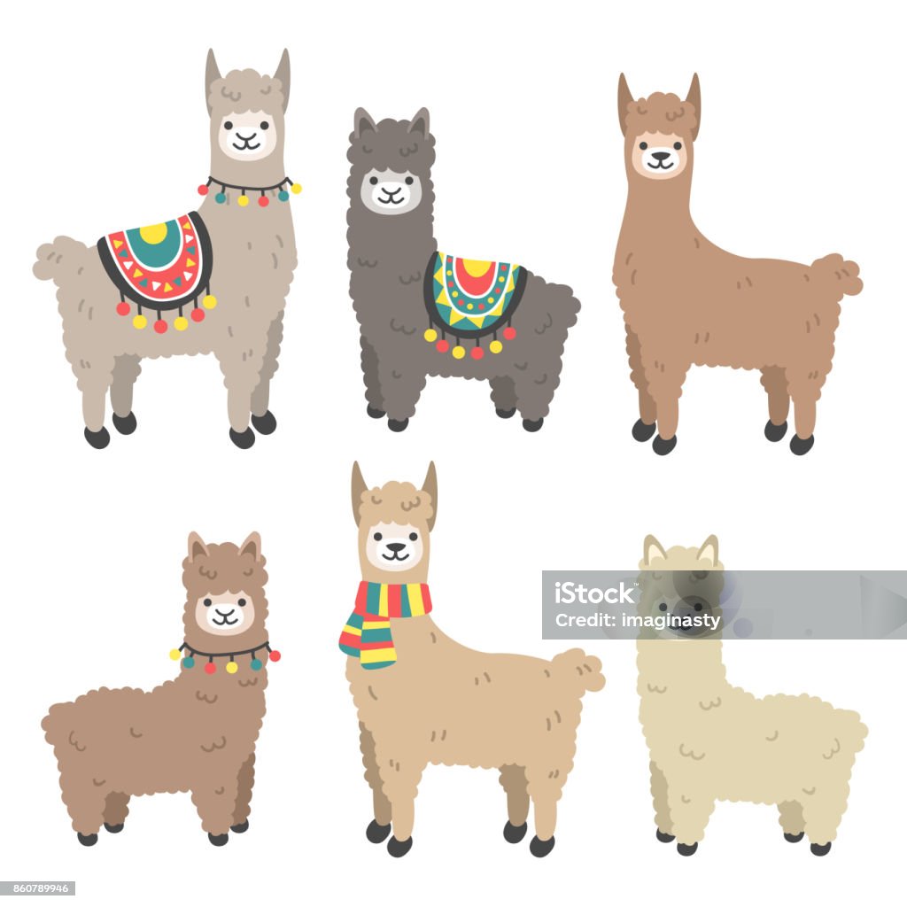 Cute llama and alpaca set Cartoon character vector illustration.Funny smiling animals. Alpaca stock vector