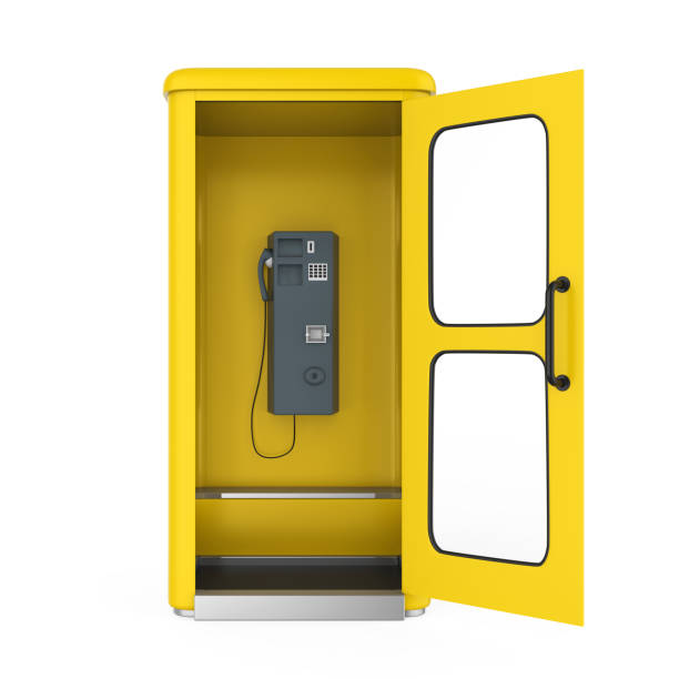 cabina telefonica gialla con porta aperta - pay phone foto e immagini stock
