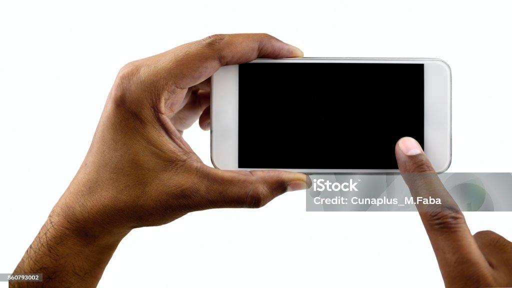 my white phone vertical Hand holding mobile smart phone with blank screen, isolated on white Horizontal Stock Photo