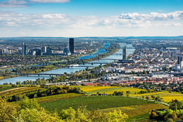 Vienna Aerial View In Autumn Vienna Aerial View In Autumn, high angle view from city with danube riverVienna Aerial View In Autumn, high angle view from city with danube river vienna austria stock pictures, royalty-free photos & images