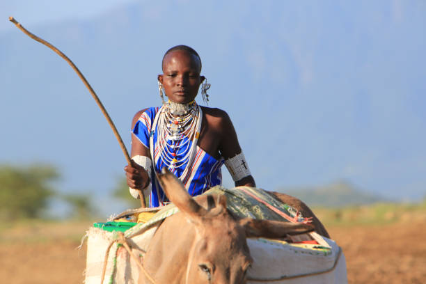 Masai woman fetching water near Lake Magadi, Great Rift Valley, Kenya Great Rift Valley, Kenya – January 02, 2016: Masai woman fetching water near Lake Magadi's, Great Rift Valley, Kenya. Lake Magadi is the southernmost lake in the Kenyan Rift Valley, north of Tanzania's Lake Natron. The Rift Valley contains a chain of volcanoes, some of which are still active, and many other lakes such as the Turkana, Baringo, Bogoria and Nakuru. Currently the area is inhabited by the cattle-herder Masai tribes, but the relics of many hominids have been found in the escarpments. The lake is featured in film The Constant Gardener, which is based on the book of the same name by John le Carré although in the film the shots are supposed to be at Lake Turkana. lake bogoria stock pictures, royalty-free photos & images