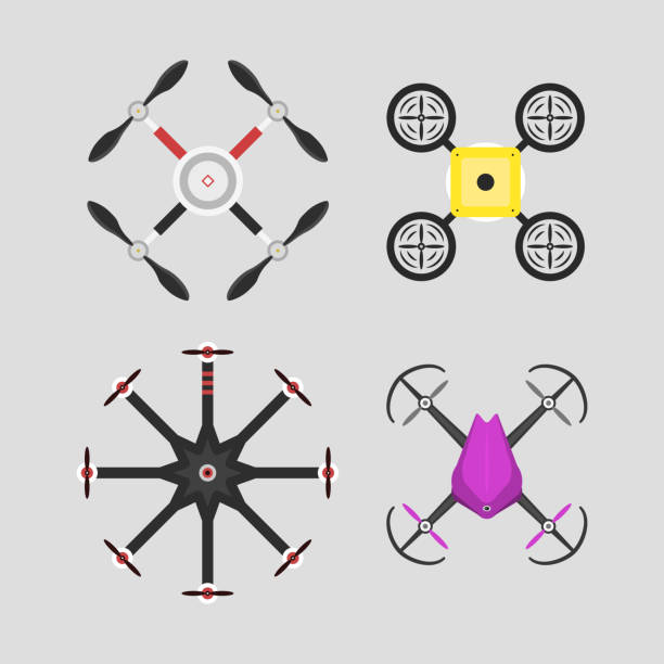 ilustrações, clipart, desenhos animados e ícones de vector a ilustração veículo aéreo drone quadcopter ar pairando ferramenta sem fio controle remoto voar câmera de vigilância - car transporter audio